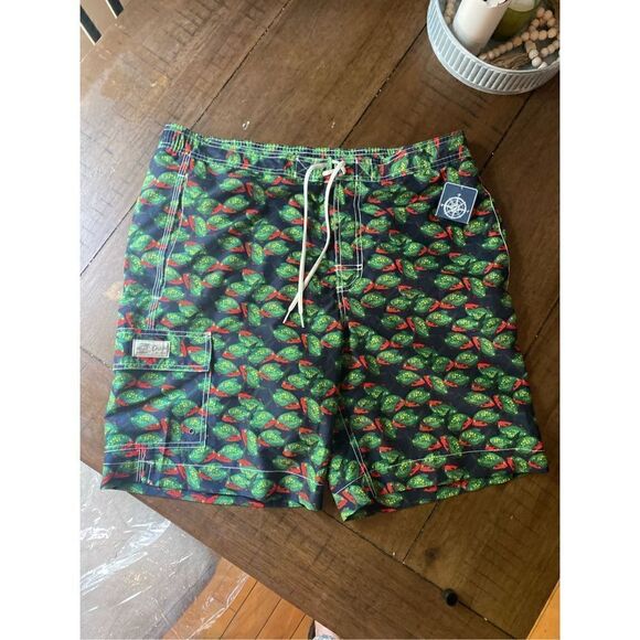 CHAPS Large Swim Trunks Lined NWT Red & Green Fish Pattern - Picture 1 of 9